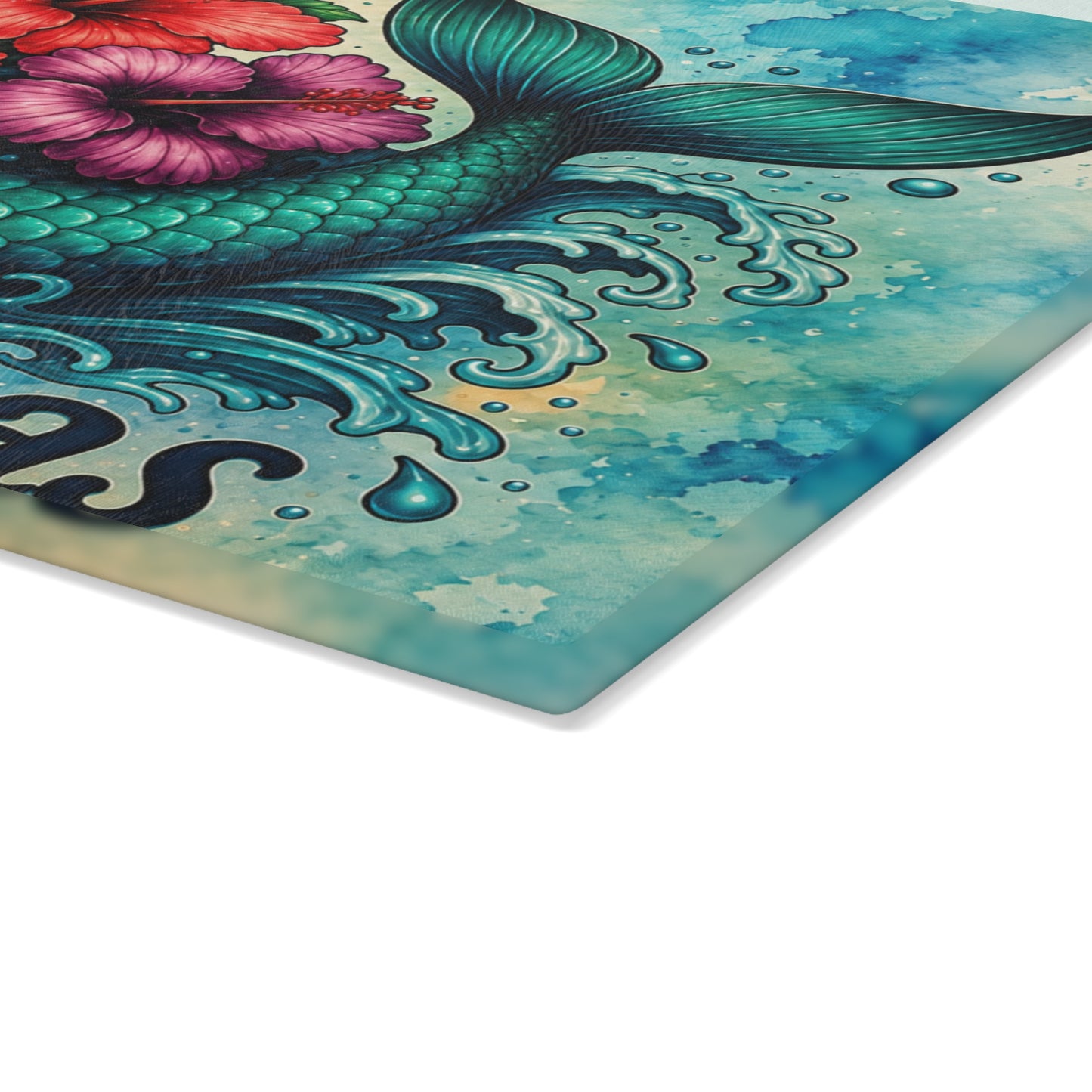 Salty Seas Mermaid Tail Glass Cutting Board – Coastal Beach Kitchen Decor with Anchor & Tropical Flowers