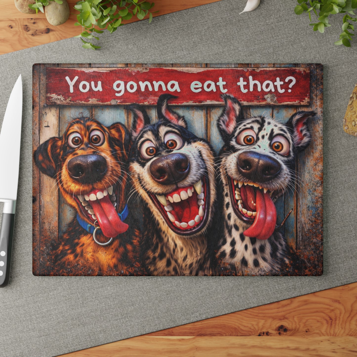 You Gonna Eat That? Glass Cutting Board – Funny Dog Kitchen Decor with Rustic Charm