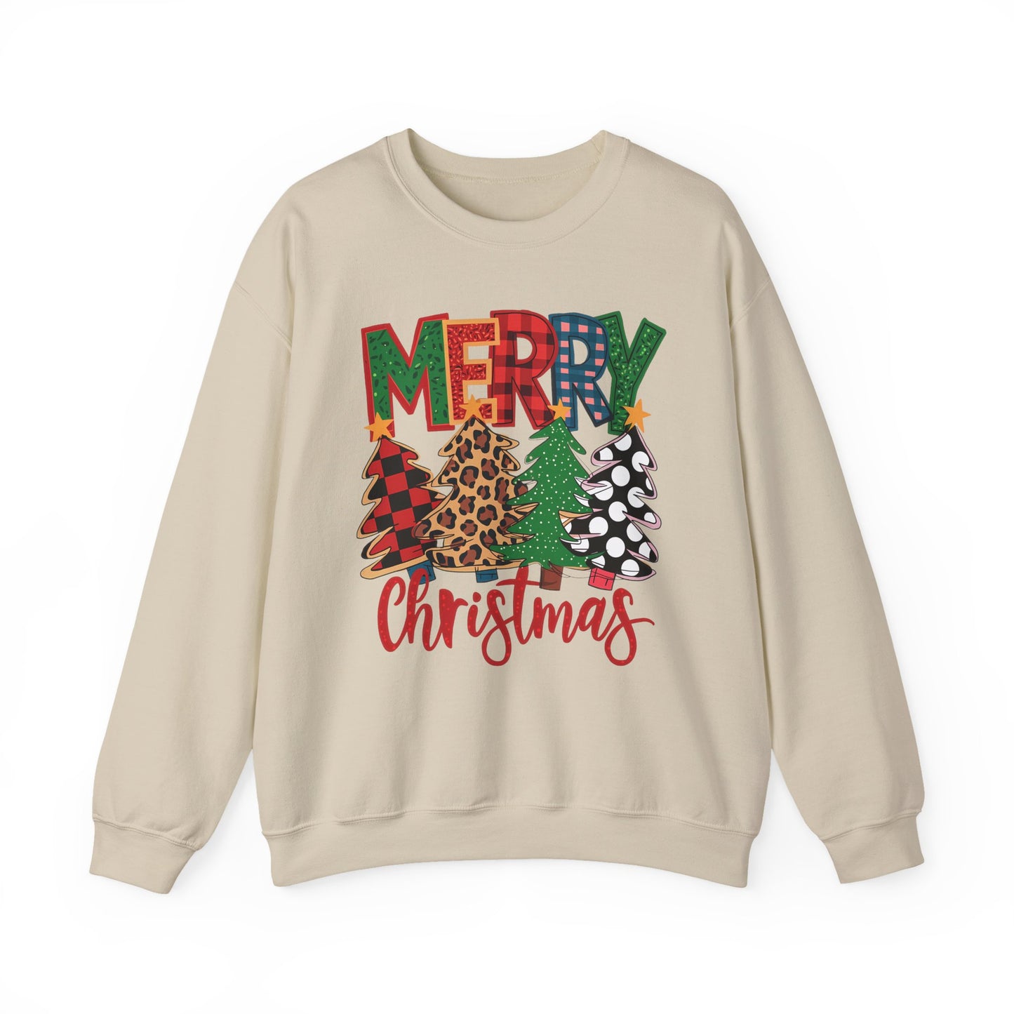 🎄✨ Merry Christmas Trees Sweatshirt – Bold Patterns & Festive Cheer