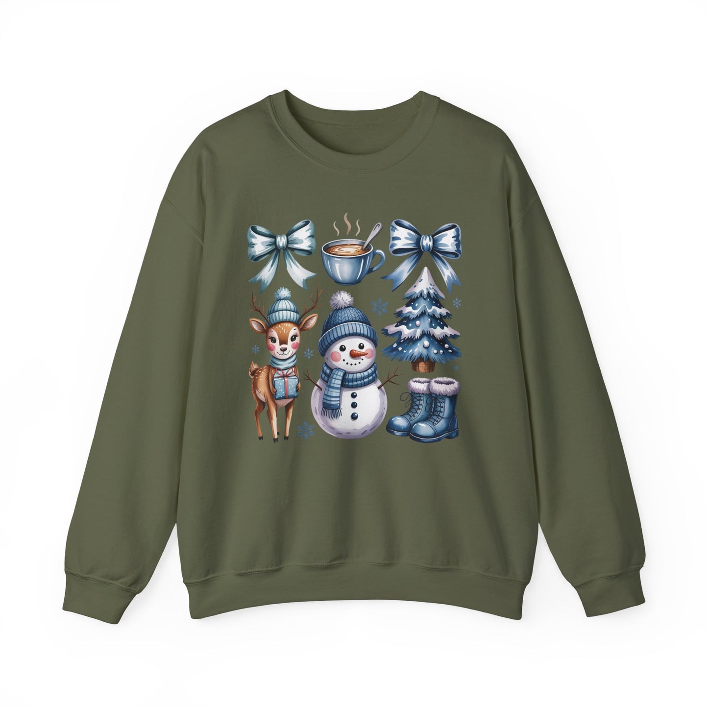❄️💙 Cozy Winter Vibes Crewneck – Reindeer, Snowman, Cocoa & Bows