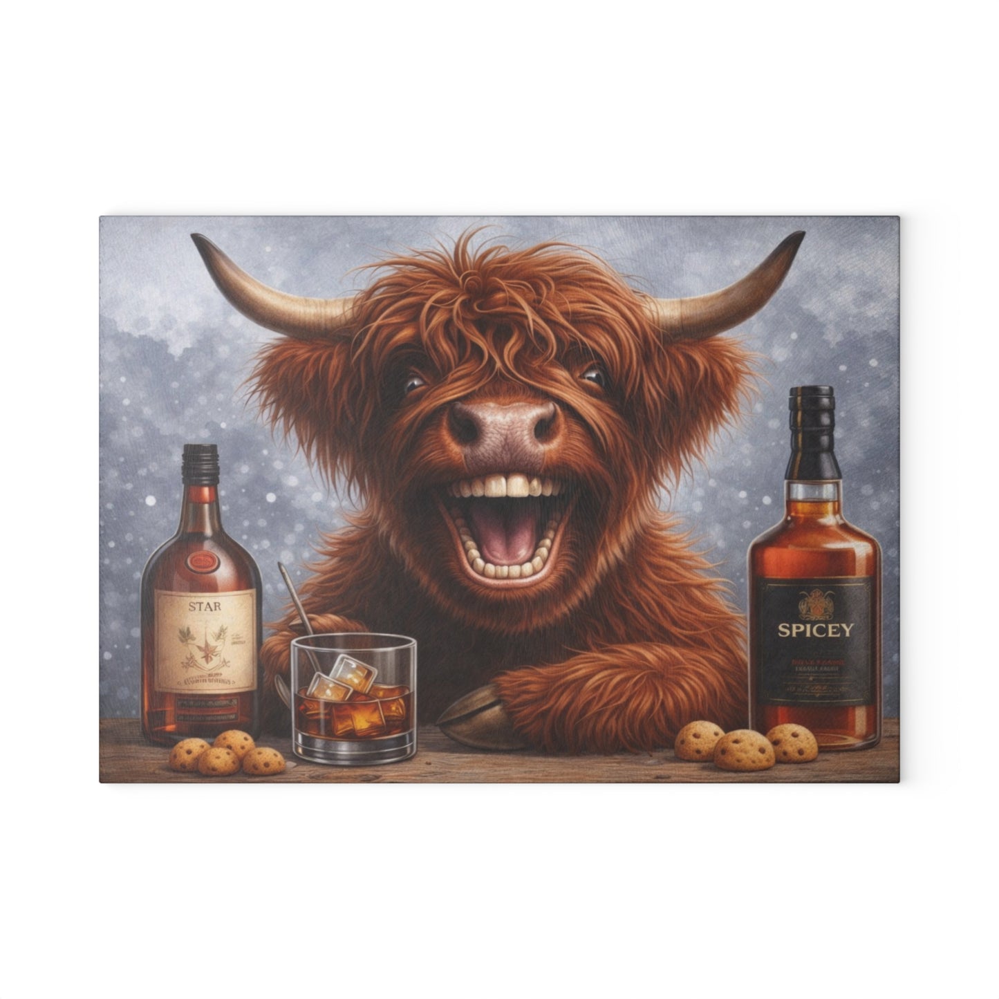 Laughing Highland Cow Bar Glass Cutting Board – Playful Farm Humor Art with Cozy Pub Style