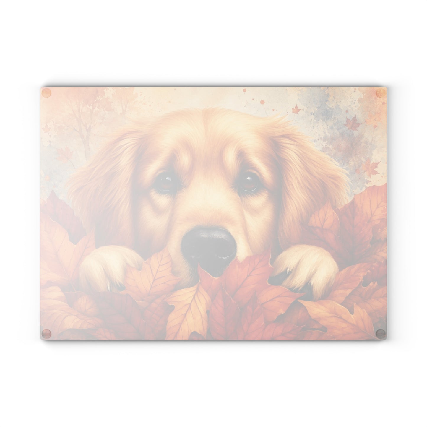 Golden Retriever Autumn Leaves Glass Cutting Board – Cozy Fall Dog Kitchen Décor