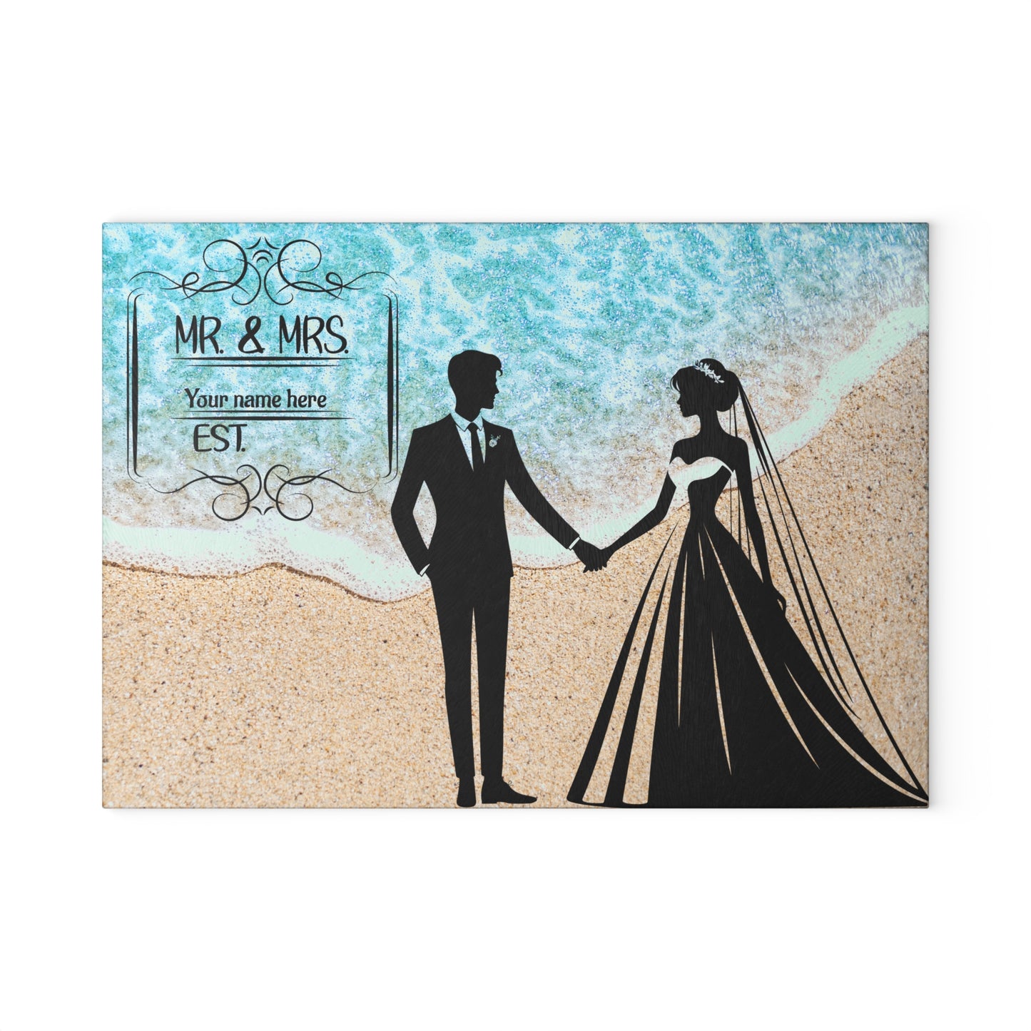 Tabla de cortar para novios en la playa: recuerdo personalizado de boda en la playa con apellido y año