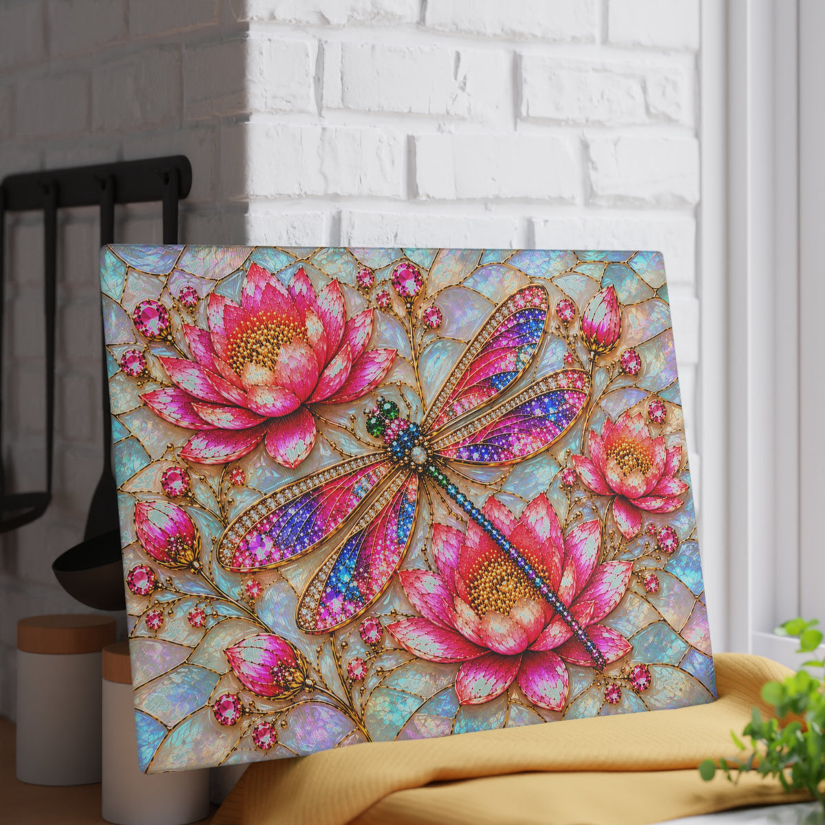 Stained-Glass-Inspired Pink Lotus & Dragonfly Cutting Board – Sparkling Rainbow Wings, Jeweled Blossoms & Iridescent Mosaic Kitchen Décor