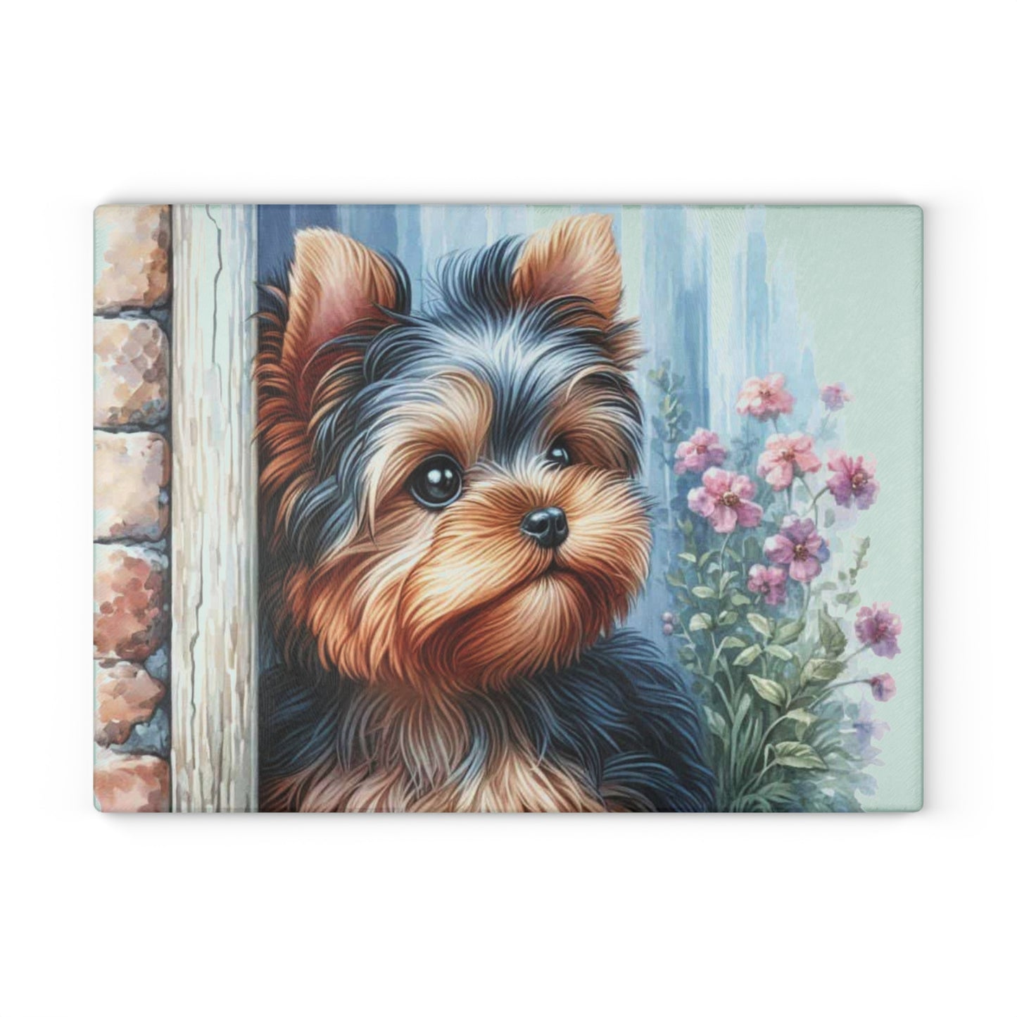 🐾🌸 “Cottage Yorkie Peek” Tempered Glass Board – Sweet Pup & Floral Charm