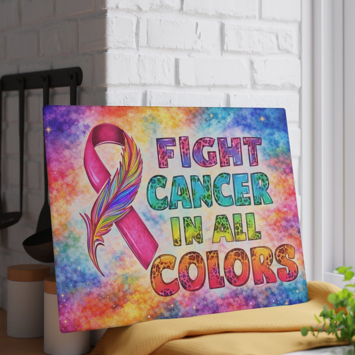 Fight Cancer in All Colors Glass Cutting Board – Rainbow Awareness Ribbon Strength Design