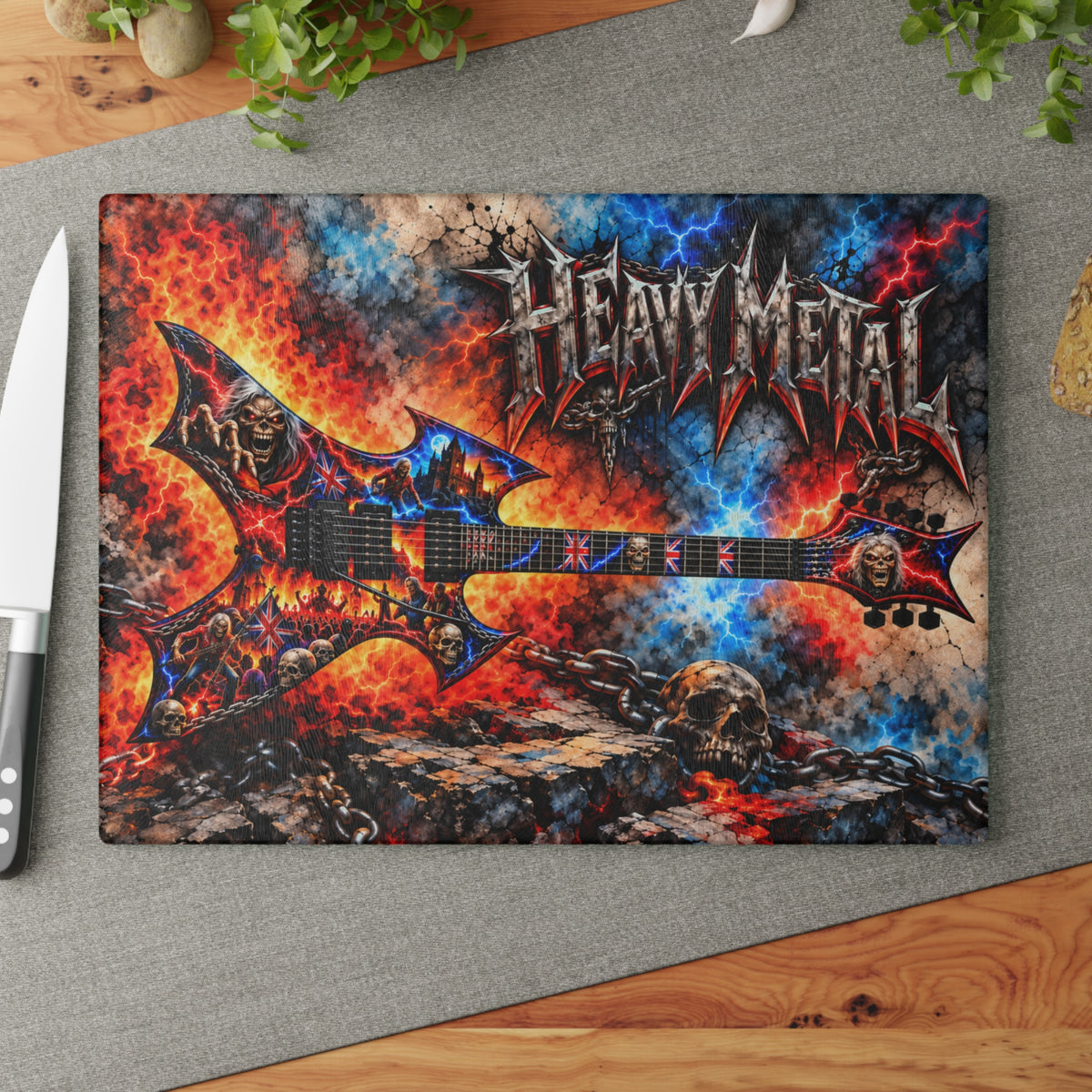 Heavy Metal Guitar Glass Cutting Board – Electric Guitar, Fire, Lightning, Skulls & Rock Music Artwork
