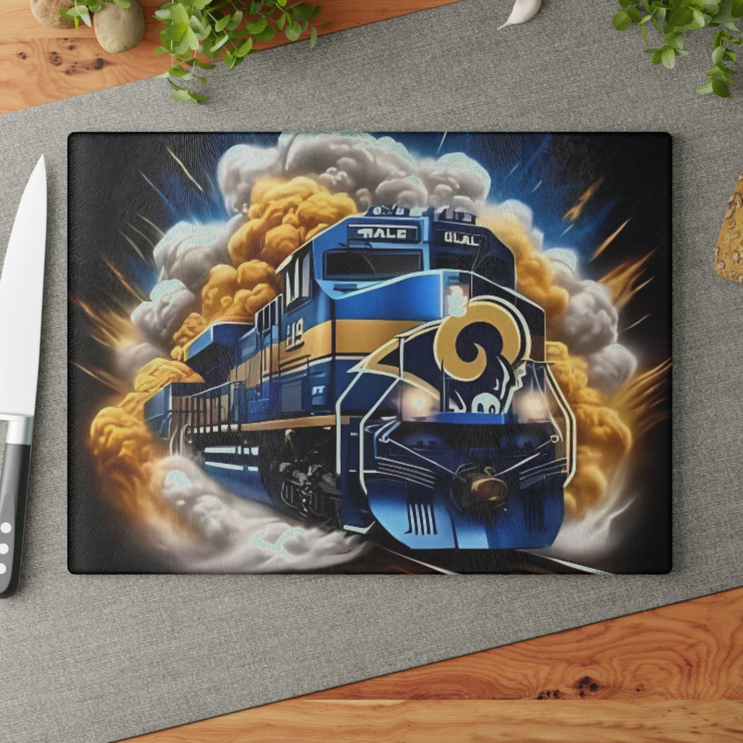 Royal Blue & Yellow Express Glass Cutting Board – High-Energy Train Art for Bright, Bold Kitchens