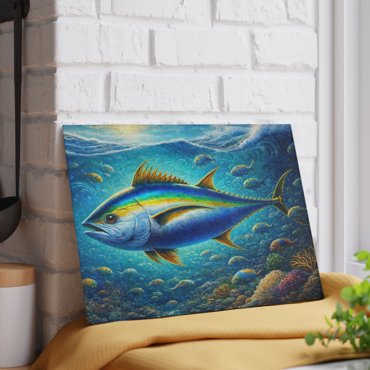 Majestic Ocean Current Fish Glass Cutting Board – Vivid Underwater Reef Artwork