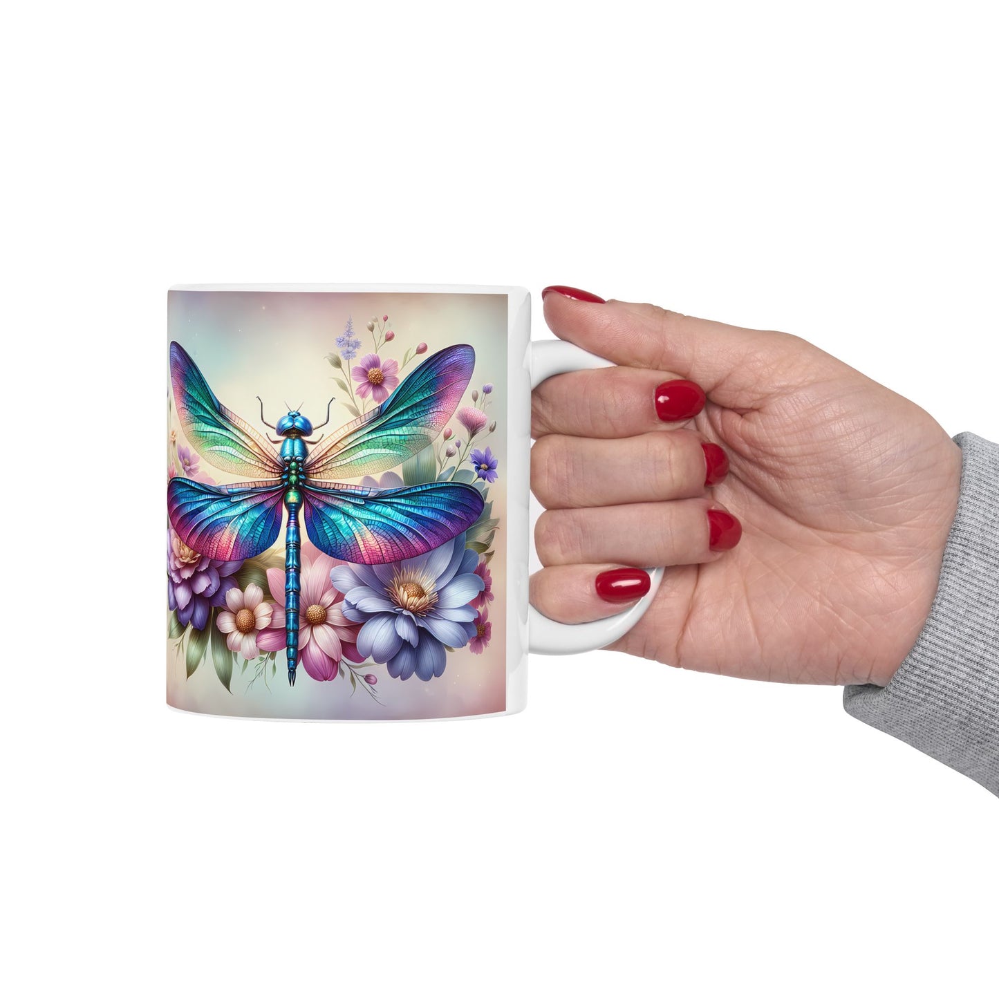 🌸 Vivid Garden Bloom – Envoltorio para taza de café con libélula arcoíris ☕
