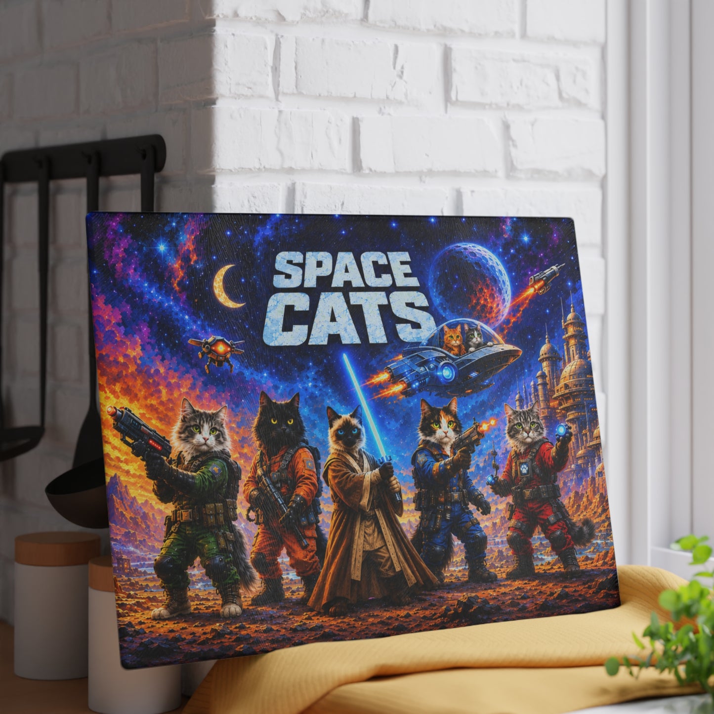 Space Cats Glass Cutting Board – Colorful Cosmic Cat Adventure Artwork
