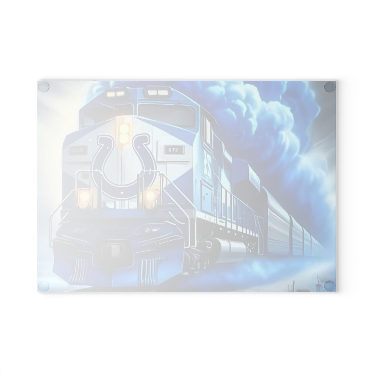 Royal Blue & White Express Glass Cutting Board – Sleek Train Art for Clean, Modern Kitchens