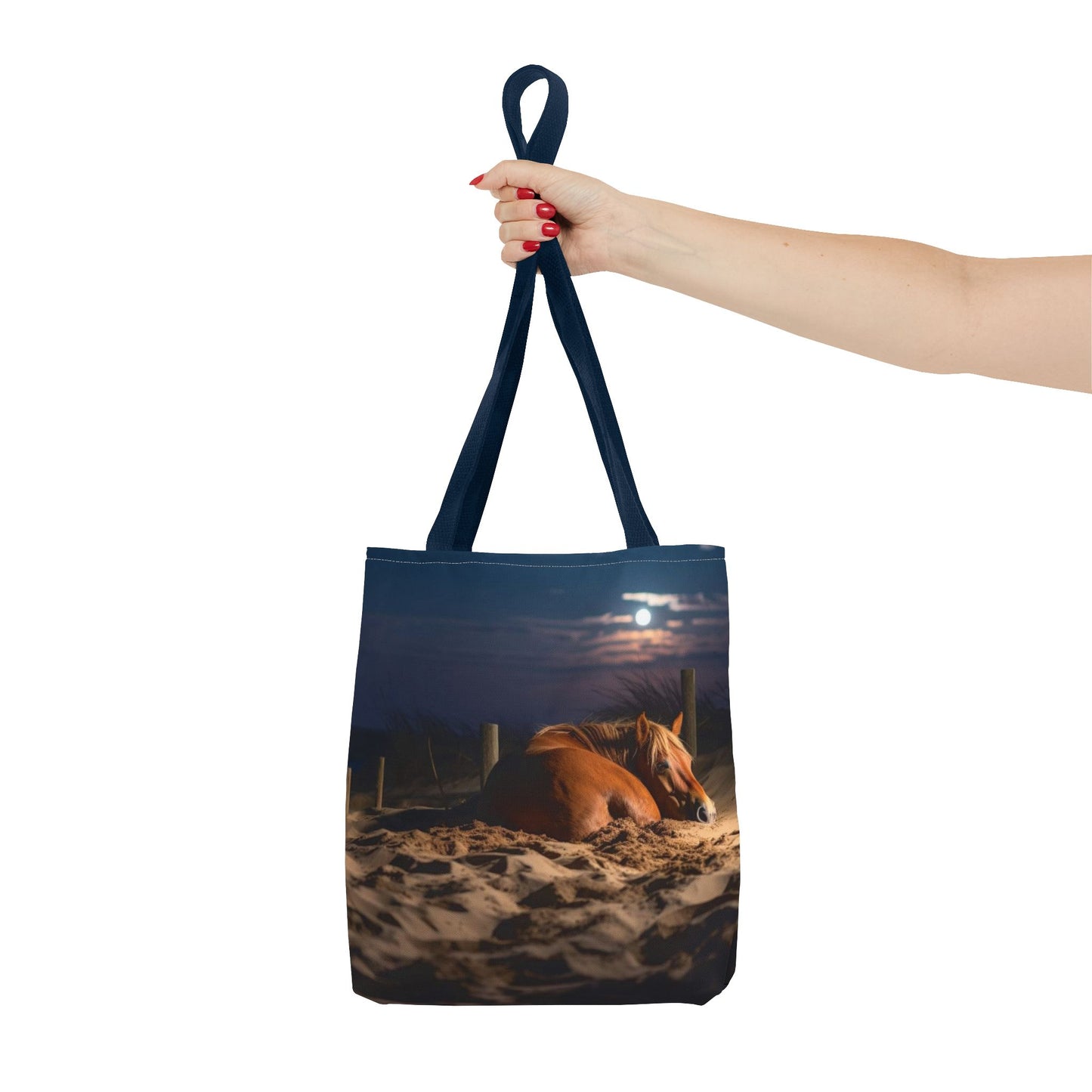 Bolsa de tela "Caballo durmiendo en la playa bajo la luz de la luna": una escapada serena a cada paso