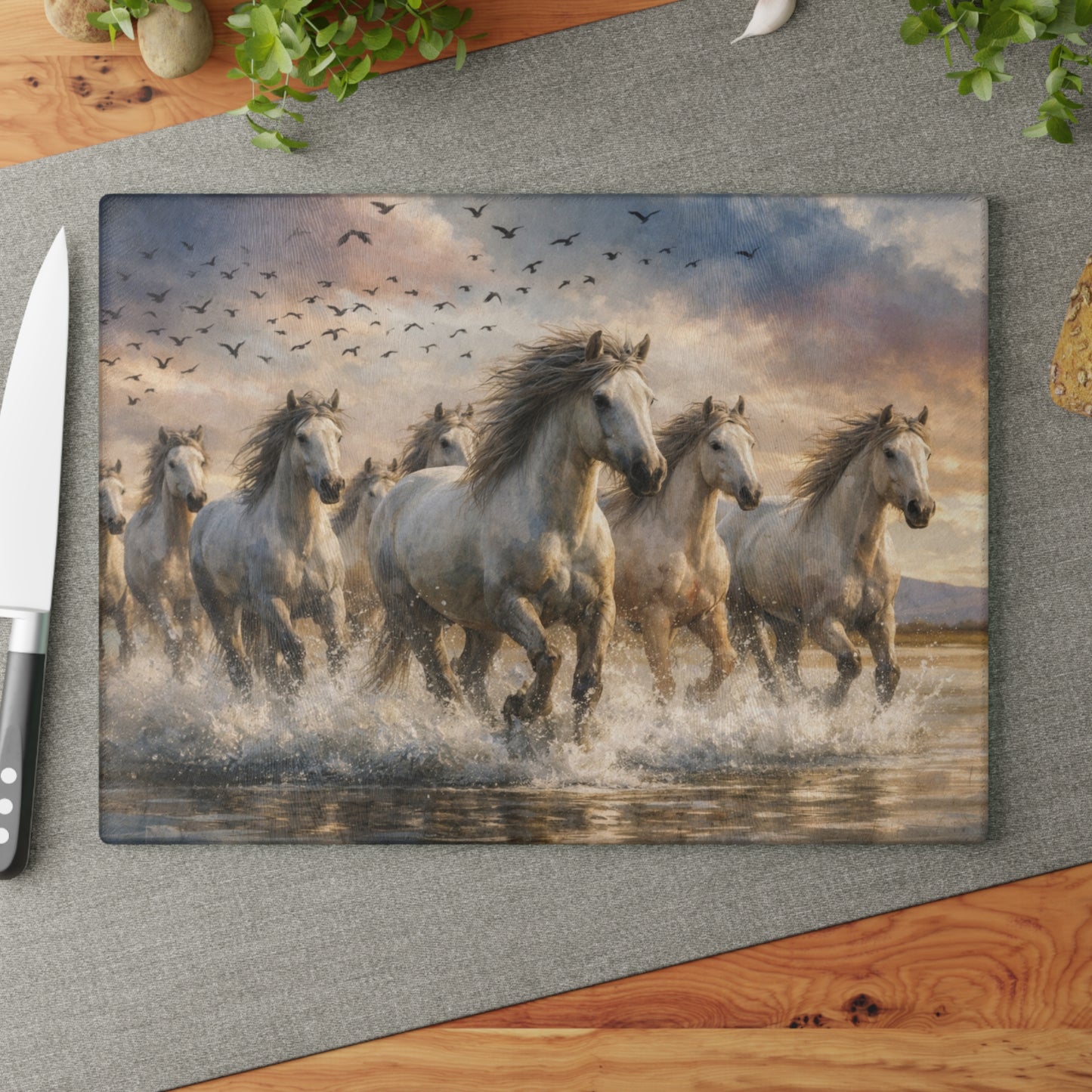 Running Wild Horses Glass Cutting Board – Western Horse Lover Farmhouse Kitchen Decor