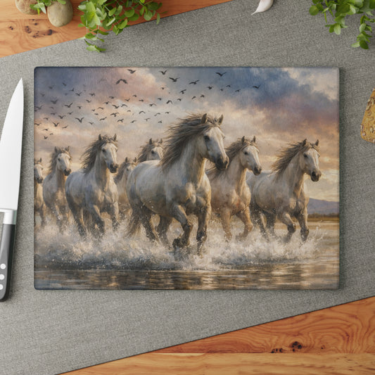 Running Wild Horses Glass Cutting Board – Western Horse Lover Farmhouse Kitchen Decor