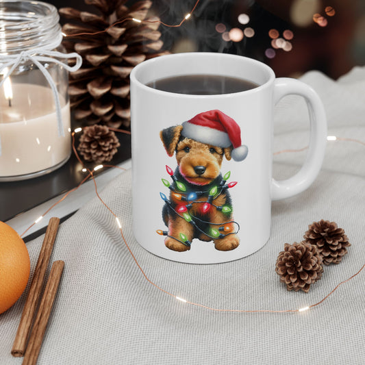 🎄 Airedale Terrier Christmas Mug – Jolly Pup with Santa Hat & Twinkling Lights 🎁