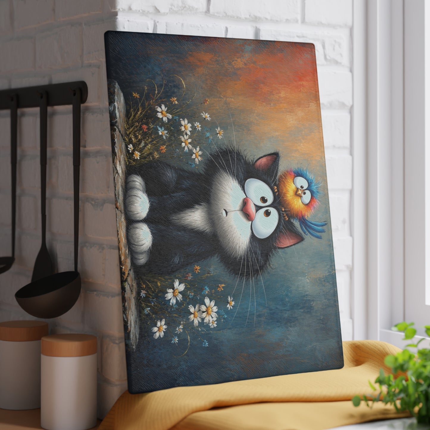 Funny Cat & Bird Glass Cutting Board – Whimsical Cartoon Cat Kitchen Decor, Cute Animal Lover Gift