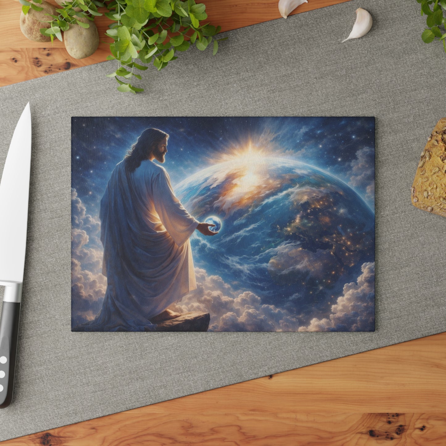 King of Creation Glass Cutting Board – Faith-Inspired Artwork Holding the World