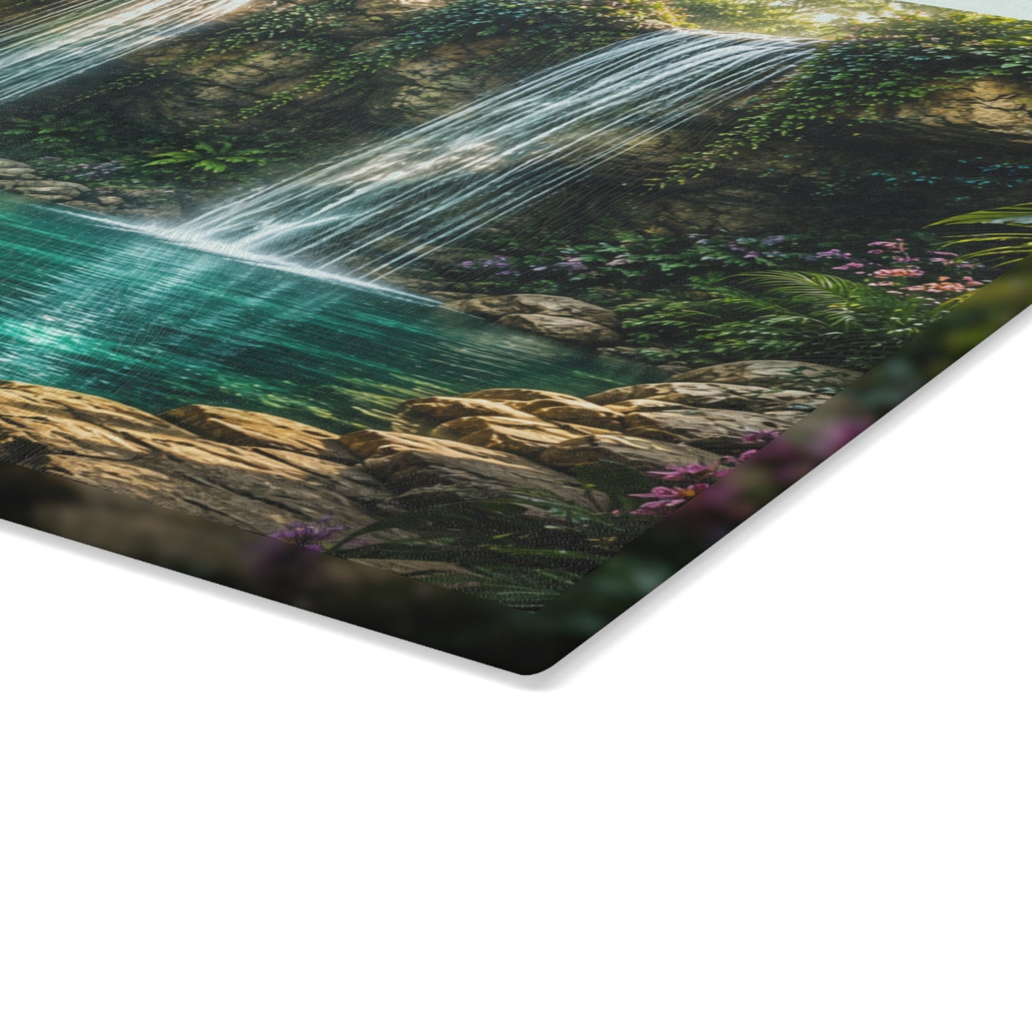 Tropical Twin Waterfall Glass Cutting Board – Serene Nature Kitchen Decor, Rainforest Waterfall Landscape Gift
