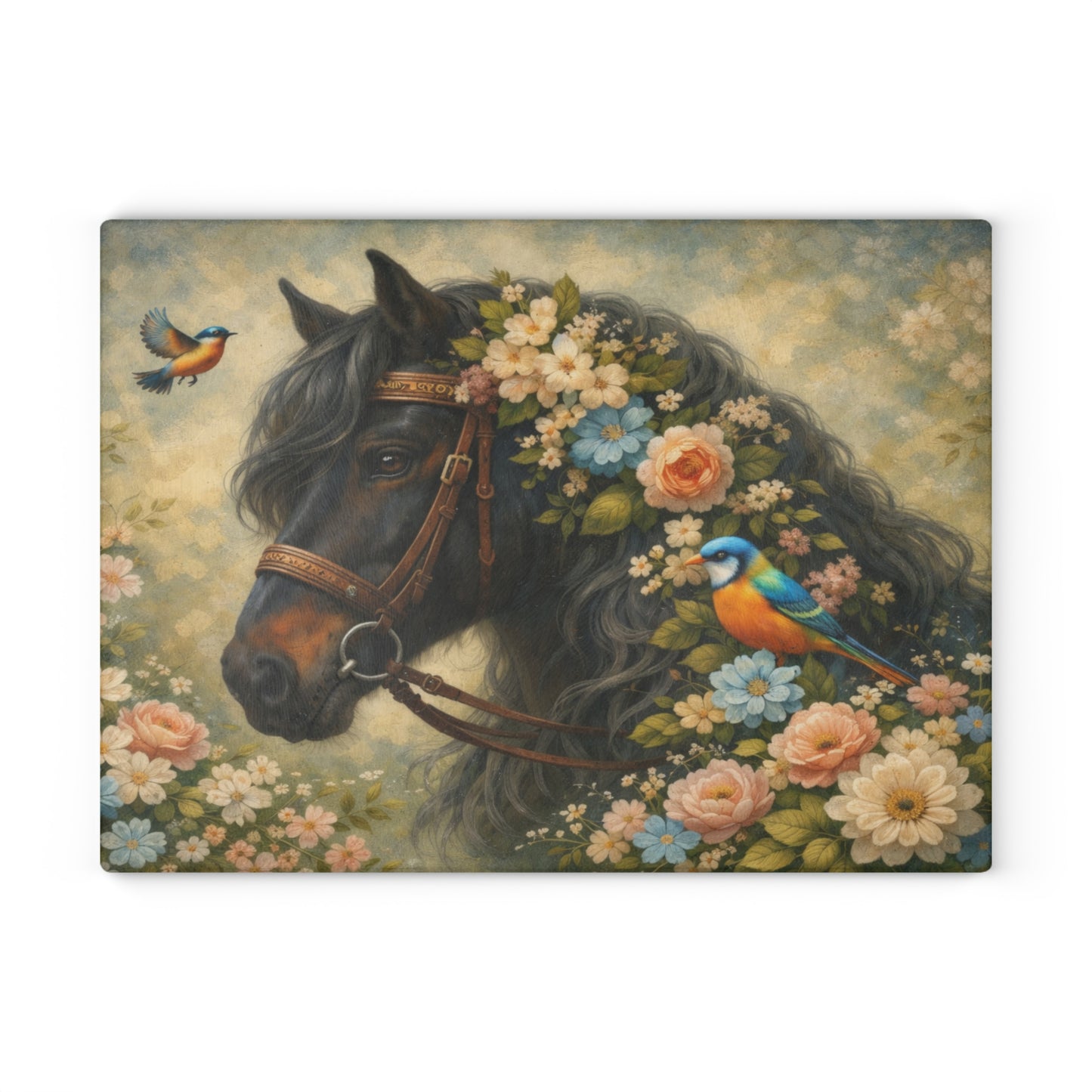 Floral Horse Glass Cutting Board – Elegant Country Farmhouse Kitchen Decor with Birds and Garden Flowers