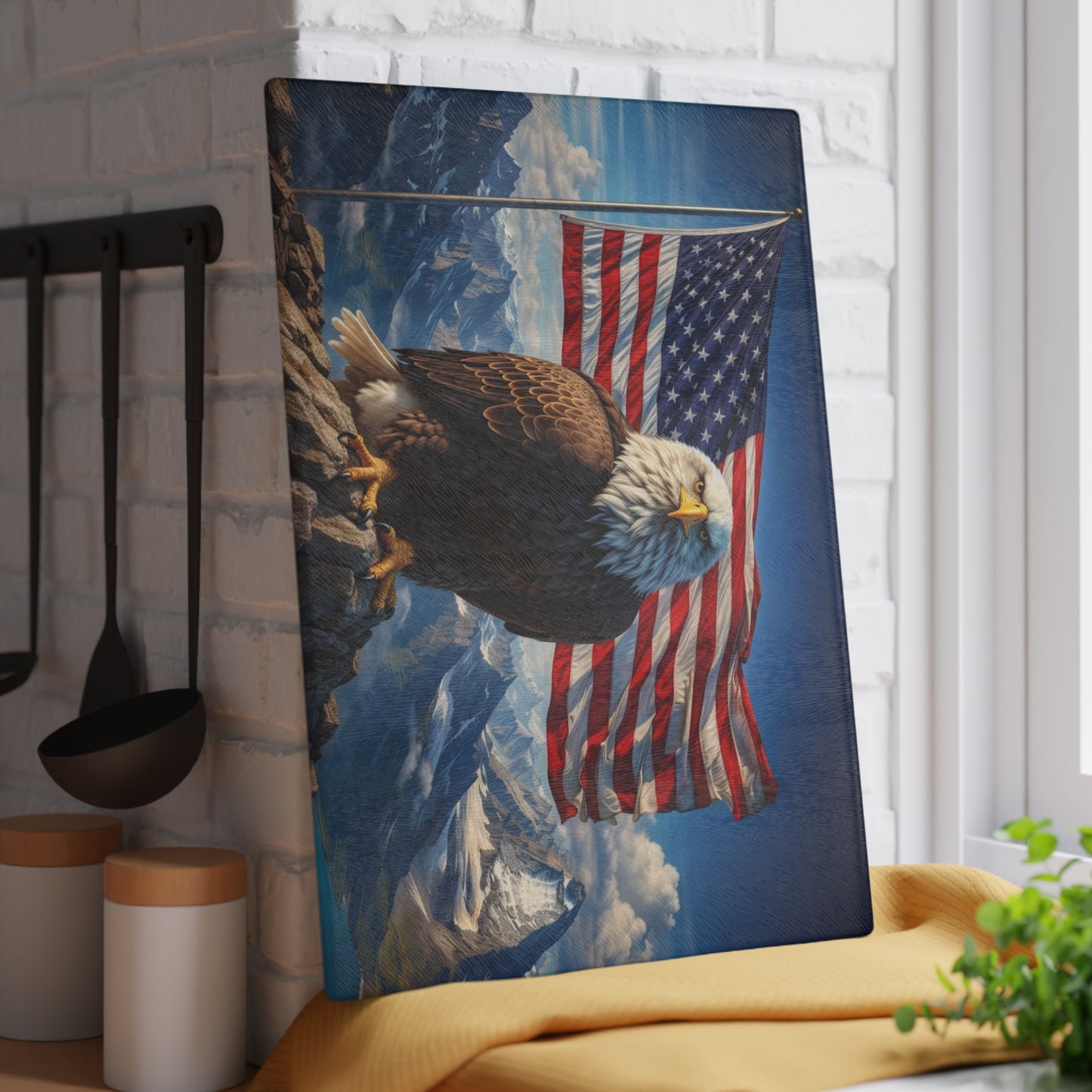 American Eagle Mountain Glass Cutting Board – Patriotic Bald Eagle Landscape Kitchen Art & Display Board