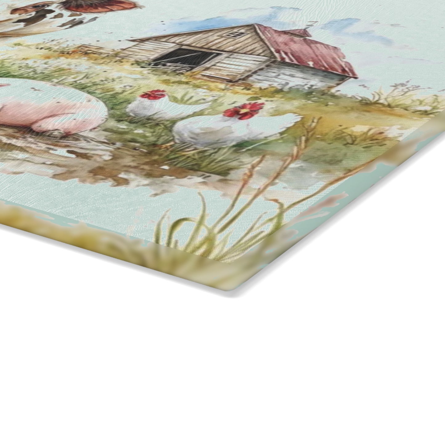 🐮🐷🐔 “Pasture Pals Farm Day” Glass Cutting Board – Sweet Country Scene