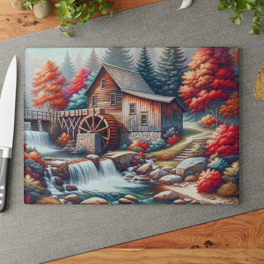 🌊 Rustic Watermill Cutting Board – Tranquil Autumn Charm for Your Kitchen