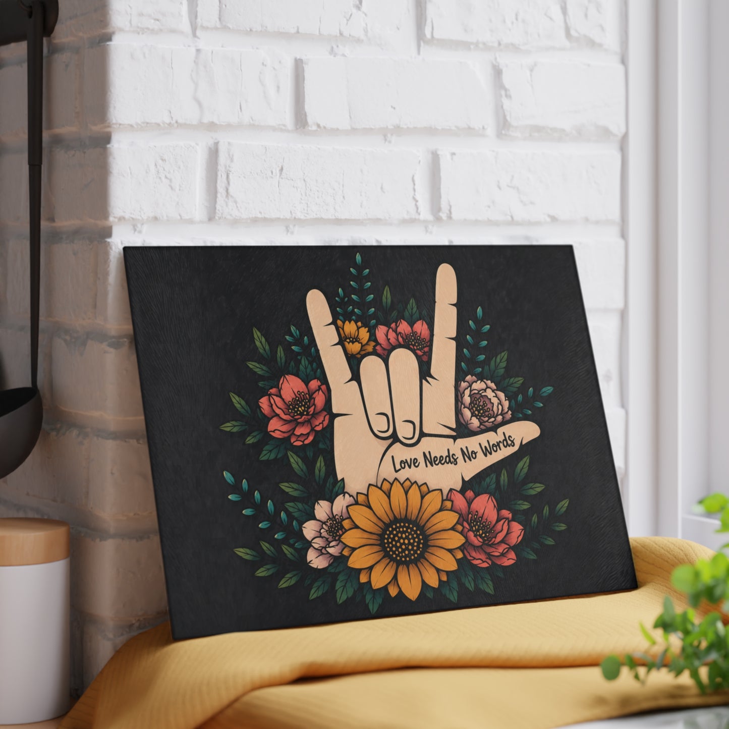 Love Needs No Words Glass Cutting Board – Floral ASL Hand Design
