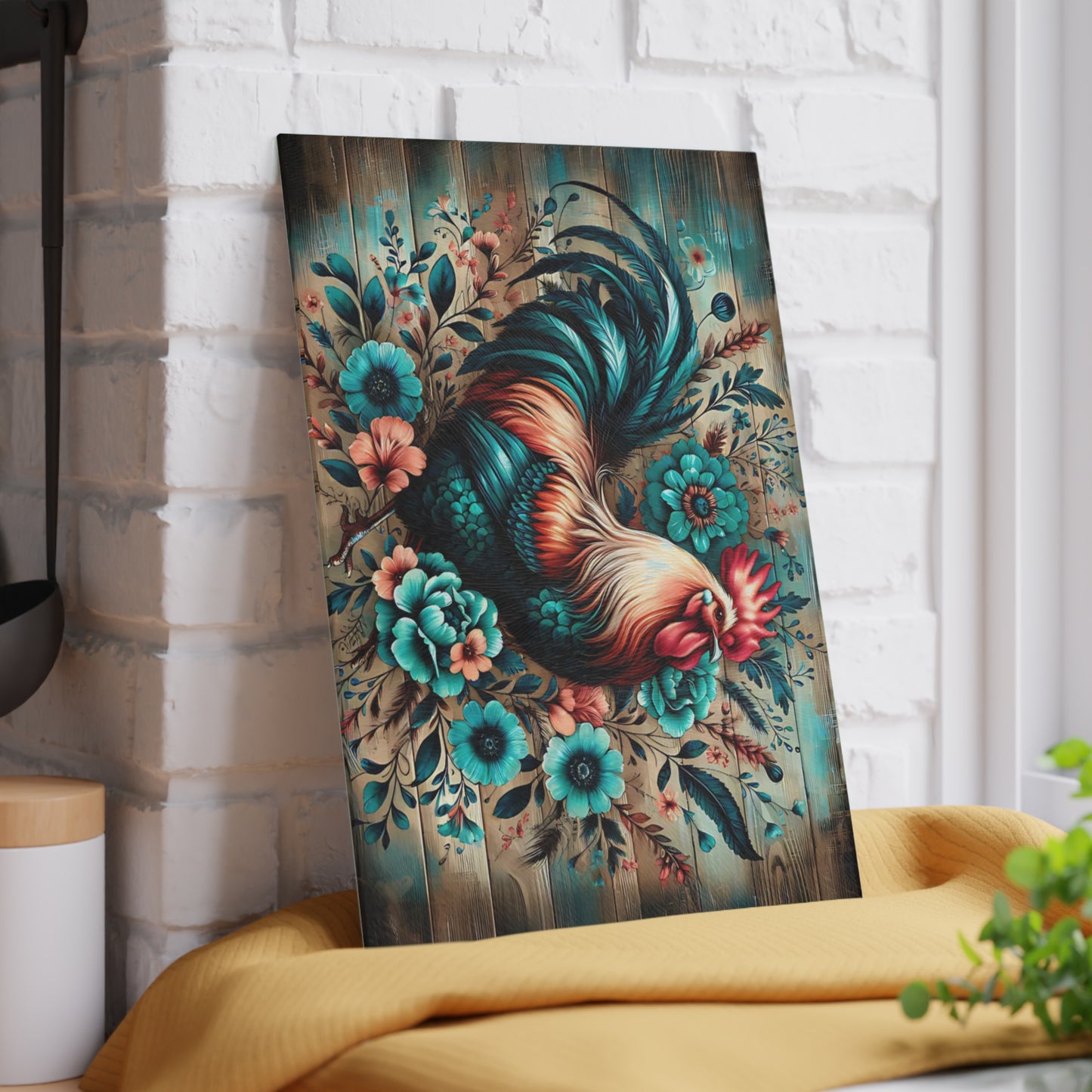 🐓 Rustic Rooster & Teal Floral Cutting Board – Farmhouse Country Kitchen Décor