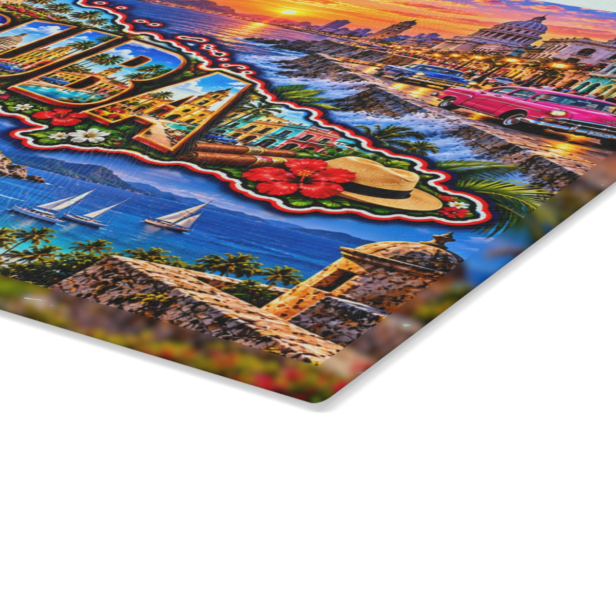 Cuba Map Cutting Board – Colorful Havana Landmarks, Classic Cars, Tropical Beaches, Cuban Flag & Caribbean Kitchen Décor