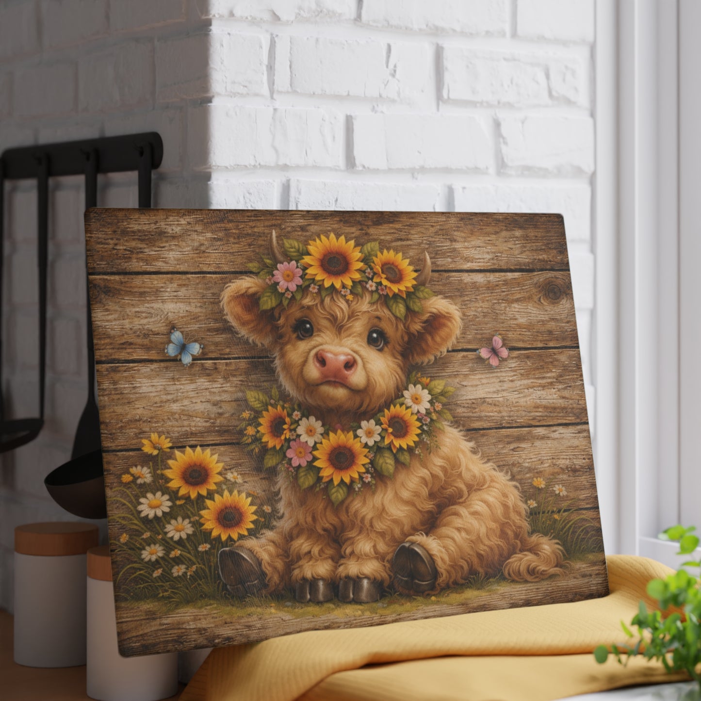 Floral Highland Calf Glass Cutting Board – Rustic Farmhouse Wood Background