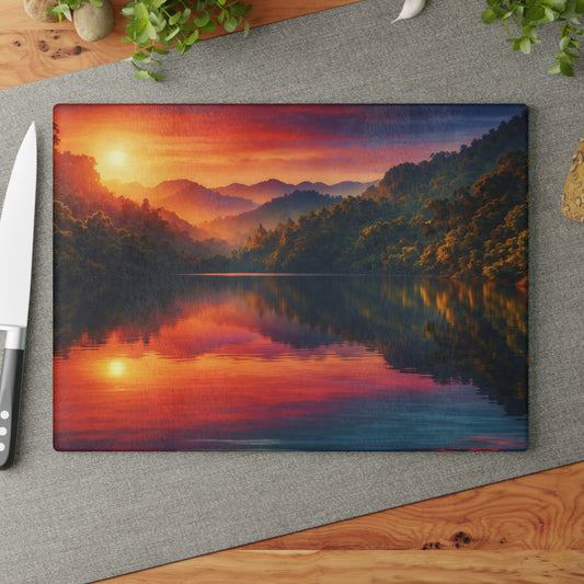 Sunset Mountain Lake Glass Cutting Board – Peaceful Nature Landscape Kitchen Art