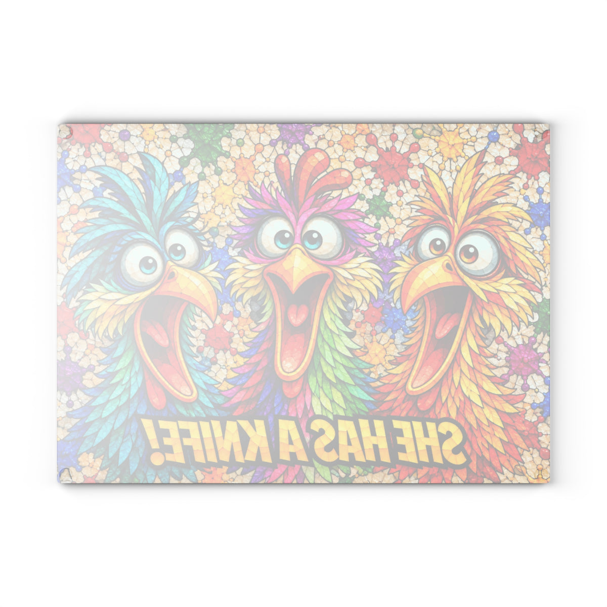 She Has a Knife! Funny Colorful Birds Stained-Glass-Inspired Glass Cutting Board