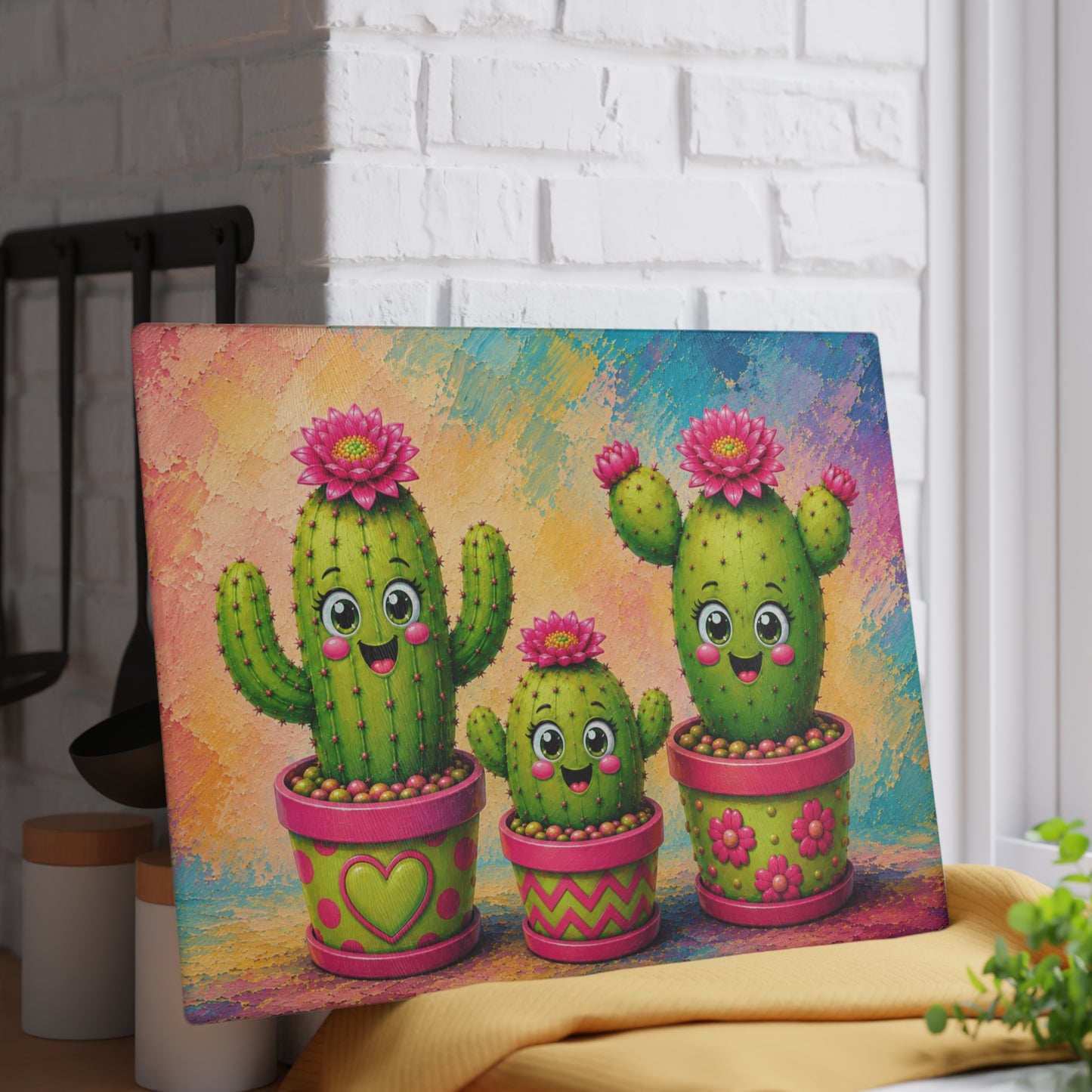 Smiling Cactus Family Glass Cutting Board – Cute Whimsical Desert Plant Artwork with Colorful Flower Pots