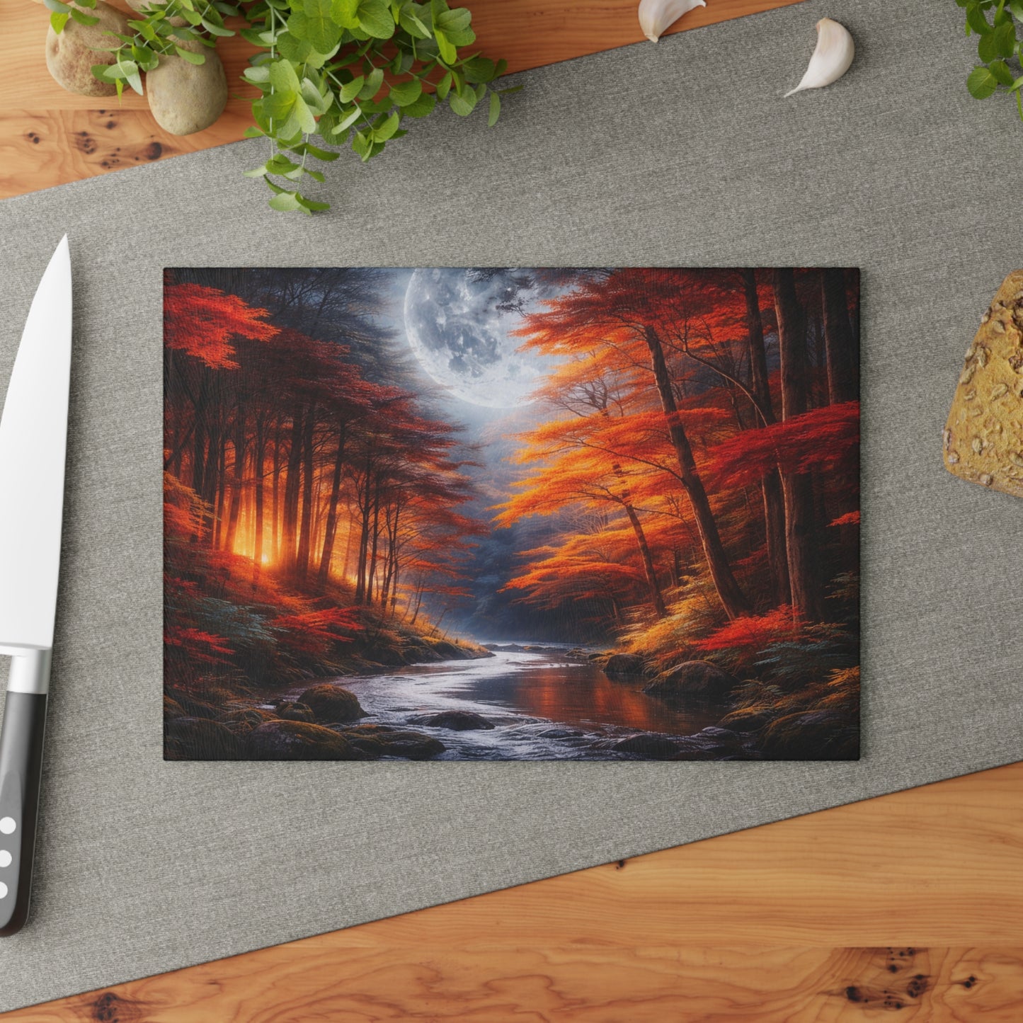 Autumn Moonlit Forest Glass Cutting Board – Dramatic Fall Landscape Kitchen Art