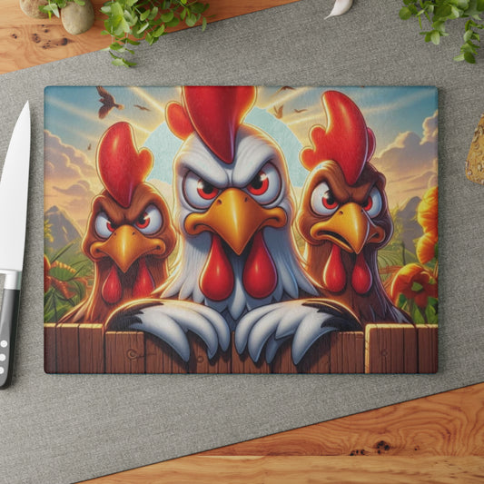 🐔 Three Angry Chickens Glass Cutting Board – Funny Farmhouse Kitchen Decor