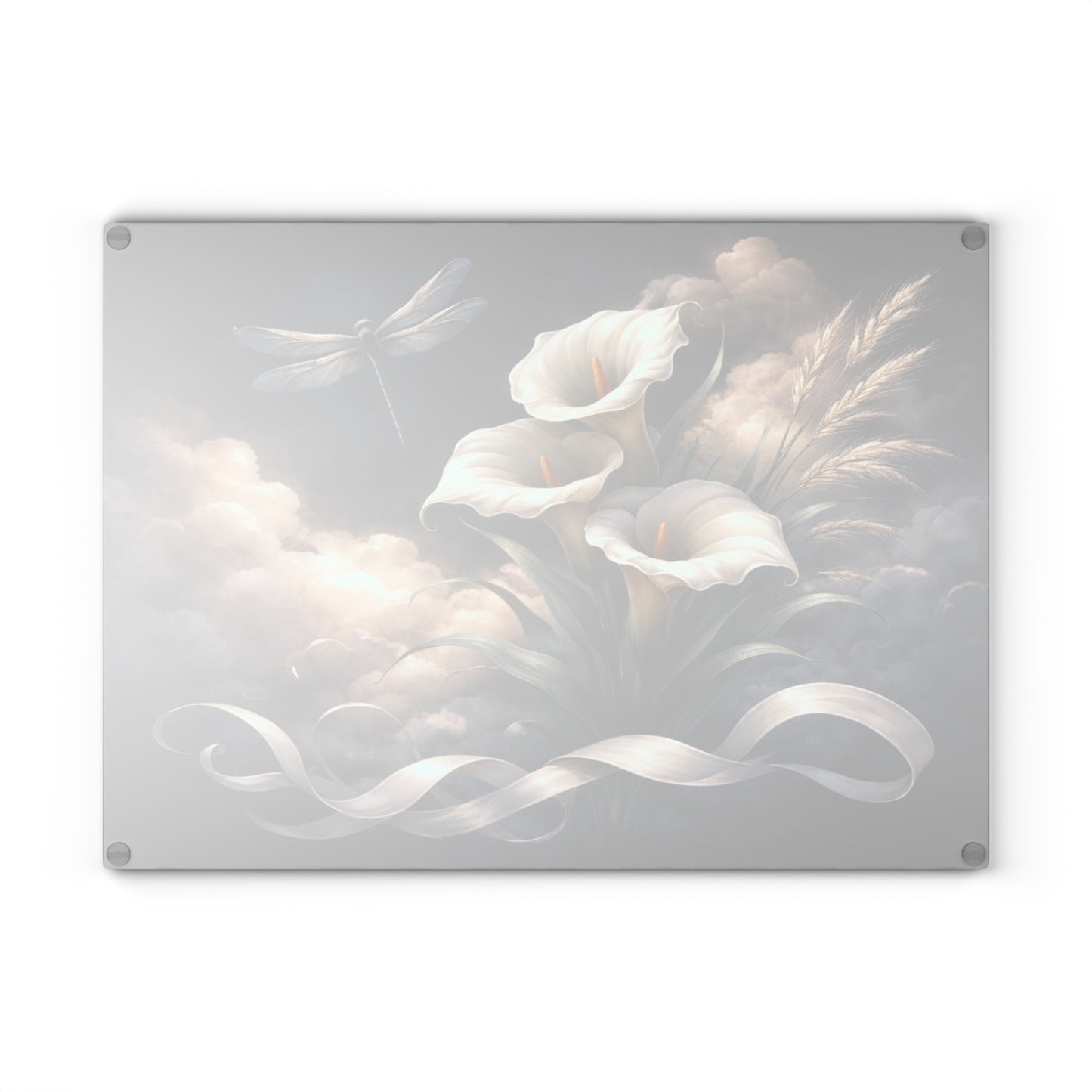 Calla Lily and Dragonfly Glass Cutting Board – Elegant Floral Botanical Artwork