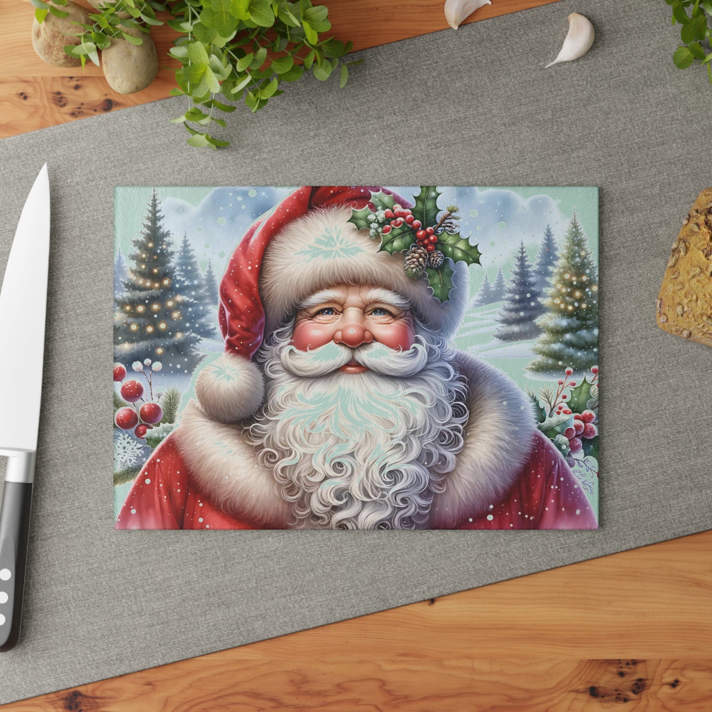 🎅✨ “Jolly Santa in the Pines” Glass Cutting Board – Cozy Charm for Your Kitchen