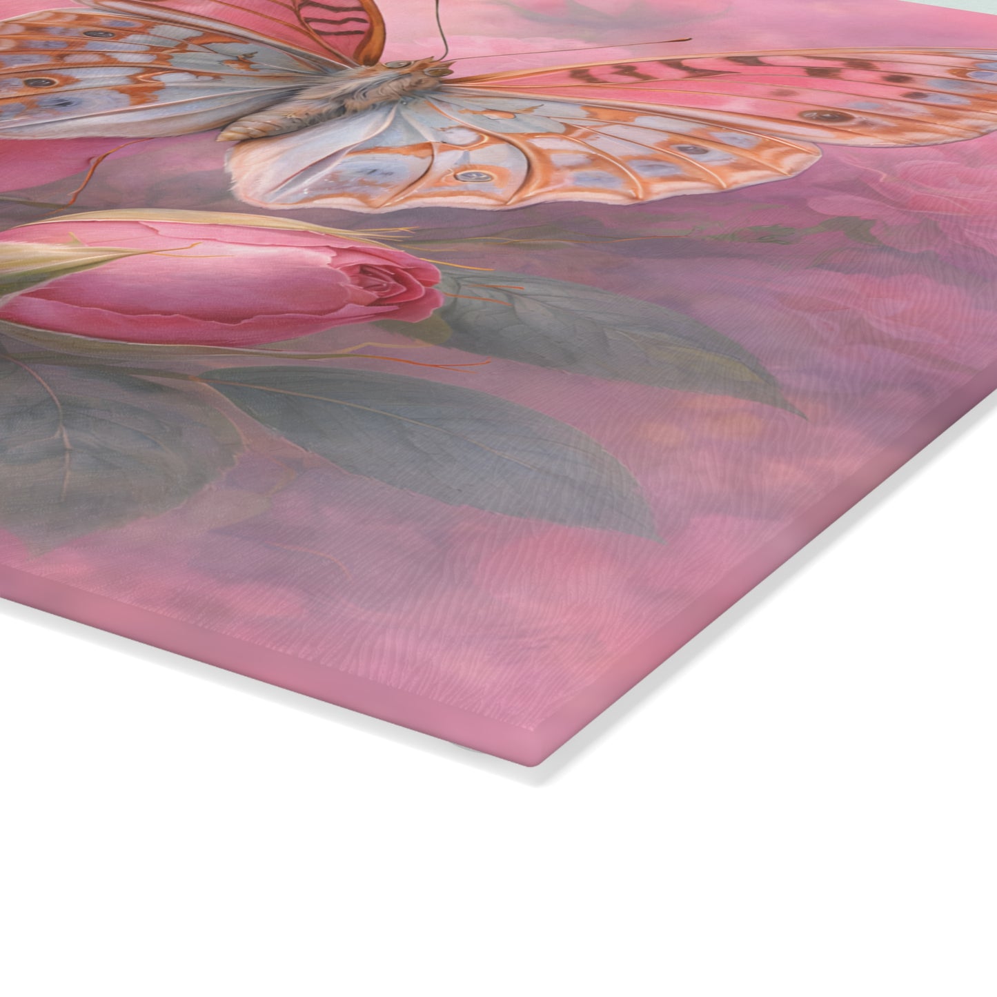 Pink Rose & Butterfly Glass Cutting Board – Romantic Floral Butterfly Kitchen Art