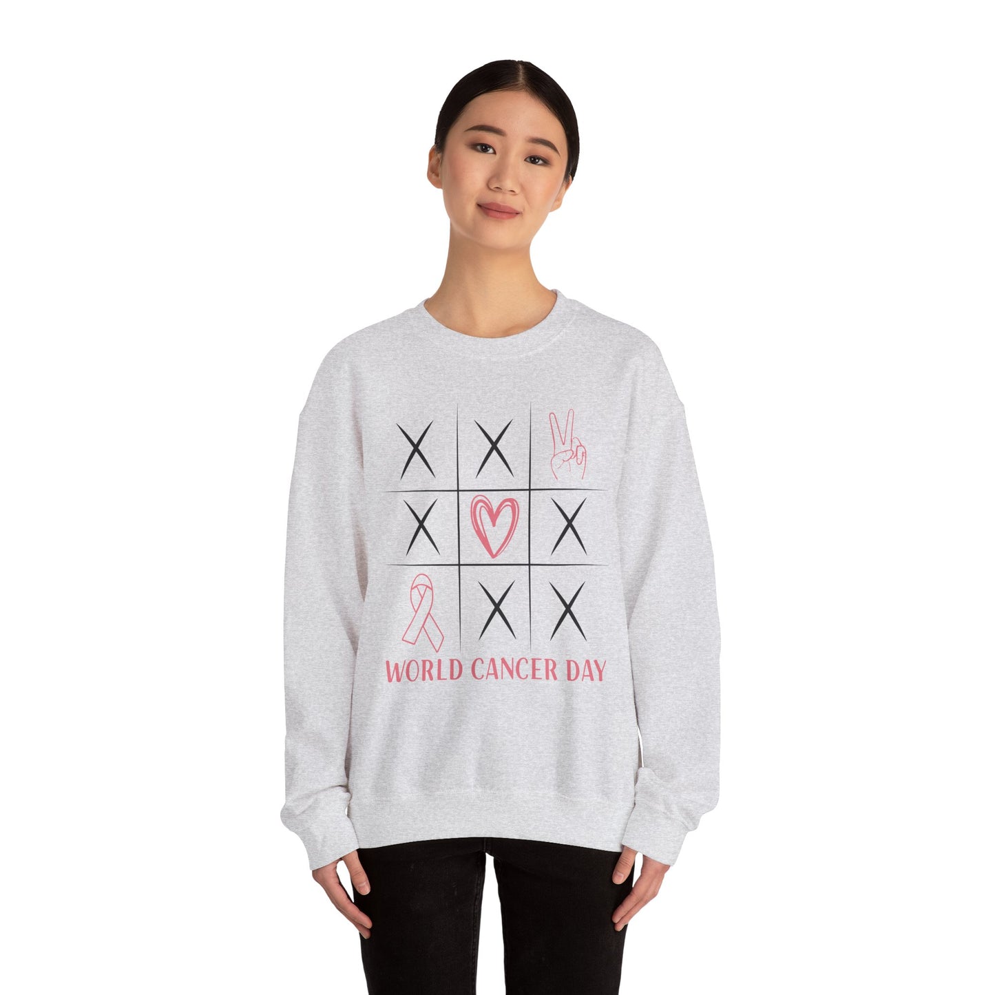🌍🎗️ World Cancer Day Sweatshirt – Awareness Tic-Tac-Toe Heart & Ribbon