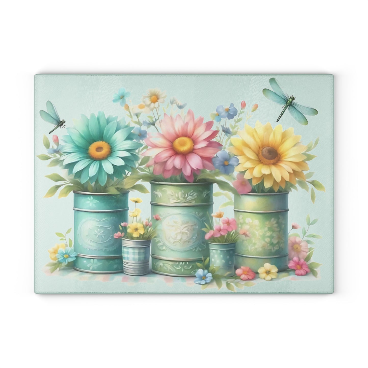 🌾 Dos libélulas con jarrones rústicos y flores silvestres – Tabla de cortar de vidrio con encanto campestre