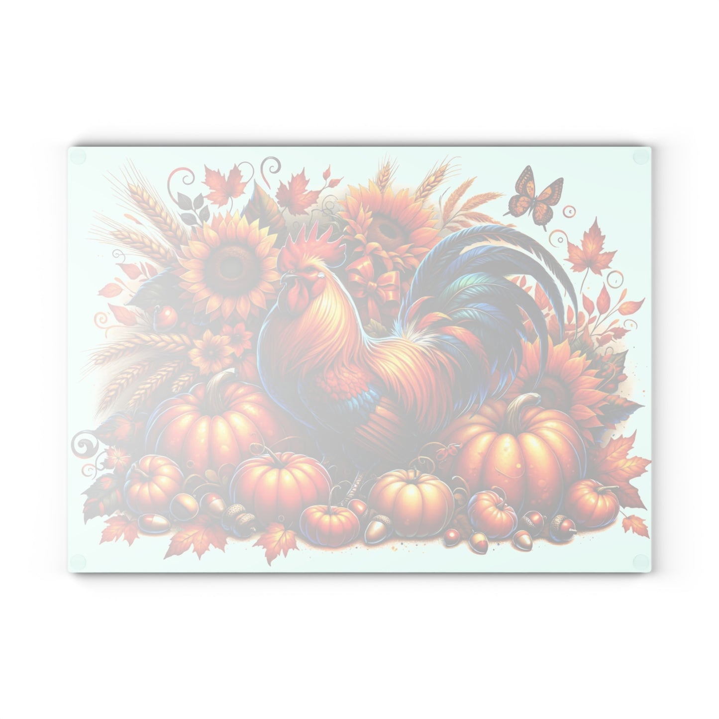 🧡🌻 “Harvest Rooster & Sunflowers” Glass Cutting Board – Cozy Charm for Your Kitchen