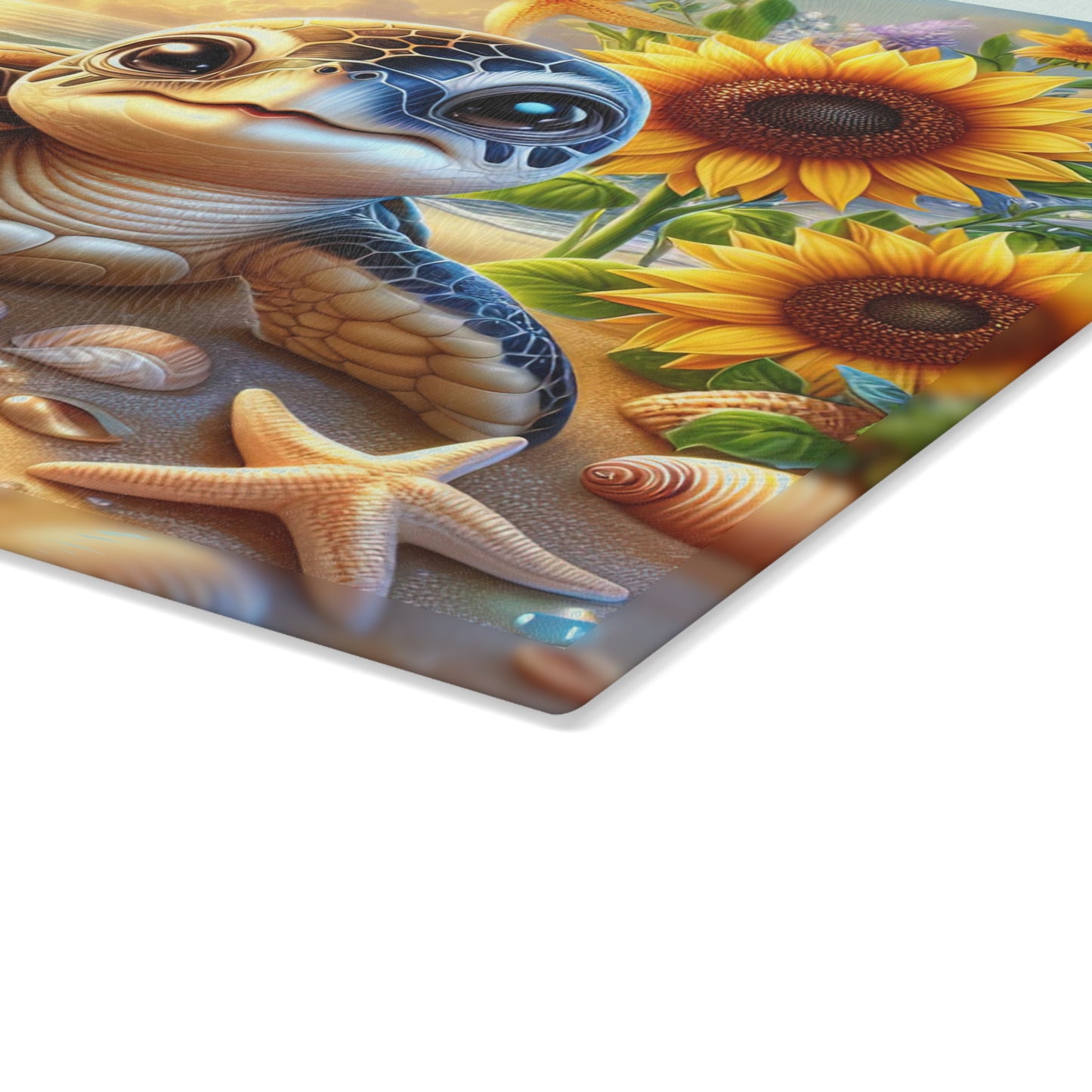 Sunny Shore Sea Turtle Glass Cutting Board – Coastal Beach Artwork with Sunflowers