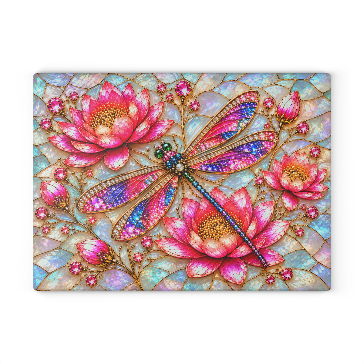 Stained-Glass-Inspired Pink Lotus & Dragonfly Cutting Board – Sparkling Rainbow Wings, Jeweled Blossoms & Iridescent Mosaic Kitchen Décor