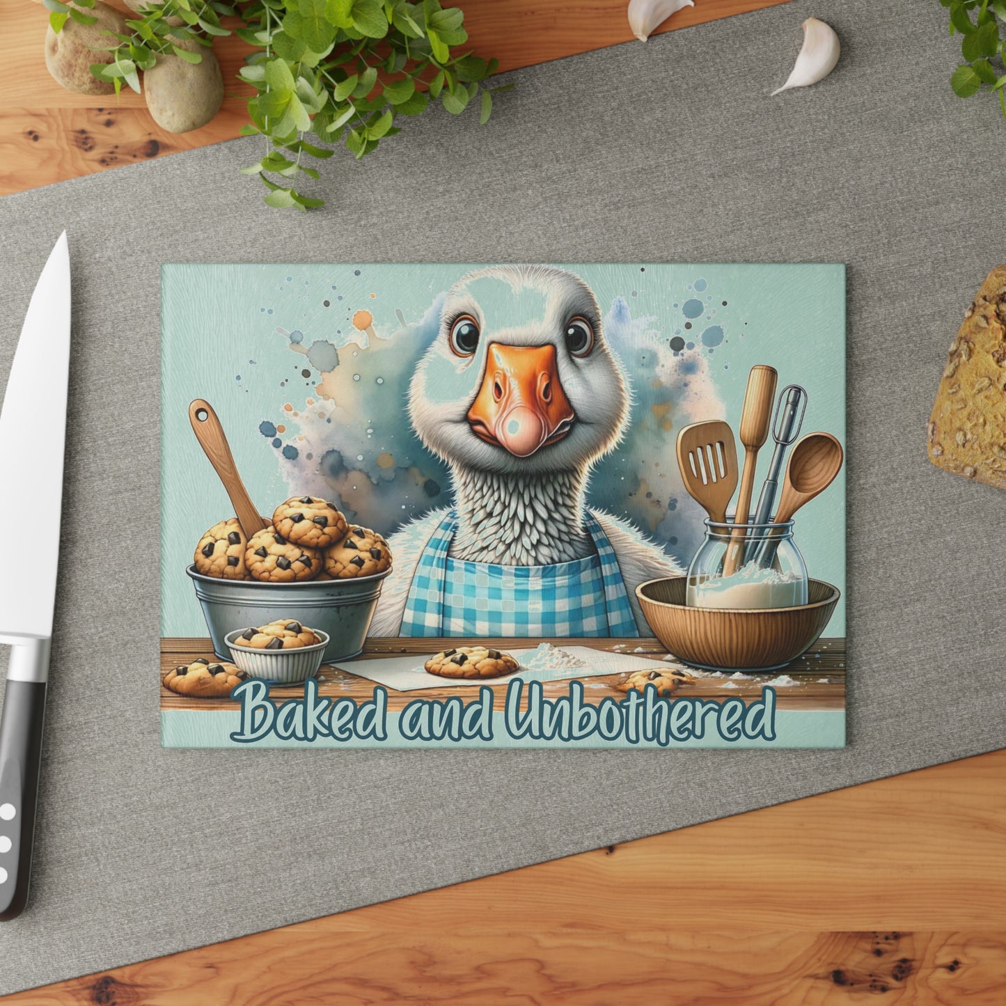 🪿🍪 “Baked and Unbothered” Glass Cutting Board – Sweet Whimsy for Your Kitchen