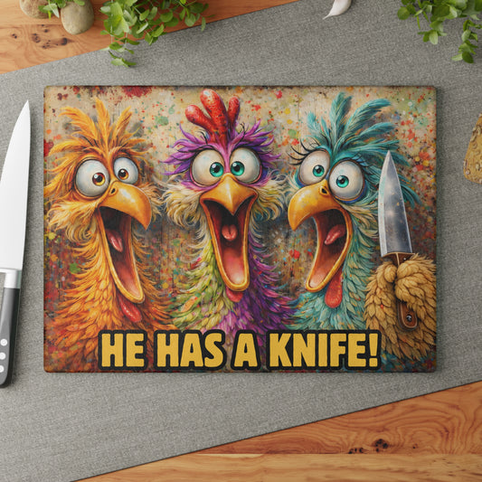 He Has a Knife! Funny Chicken Glass Cutting Board – Bold Farmhouse Kitchen Humor