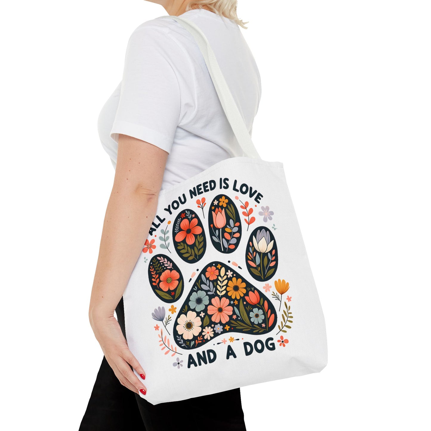 🐾 All You Need is Love and a Dog Tote Bag – Floral Paw Print Perfection 🌸