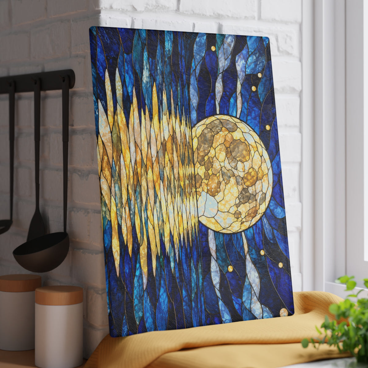 Full Moon Over Water Stained-Glass-Look Glass Cutting Board – Blue Moonlight Kitchen Decor