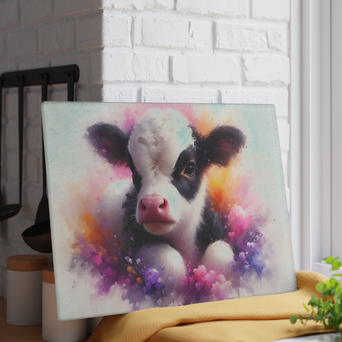 🐮 Baby Cow Floral Splash Cutting Board – Sweet Farmhouse Charm for Your Kitchen