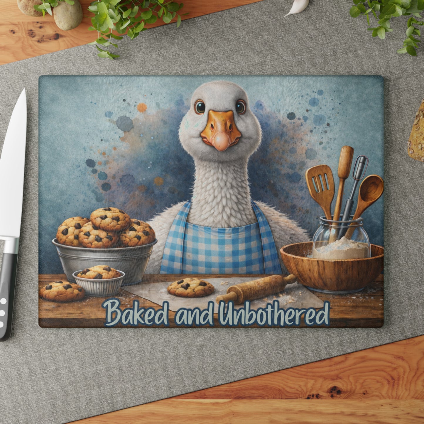 Baked and Unbothered Glass Cutting Board – Whimsical Goose Kitchen Decor